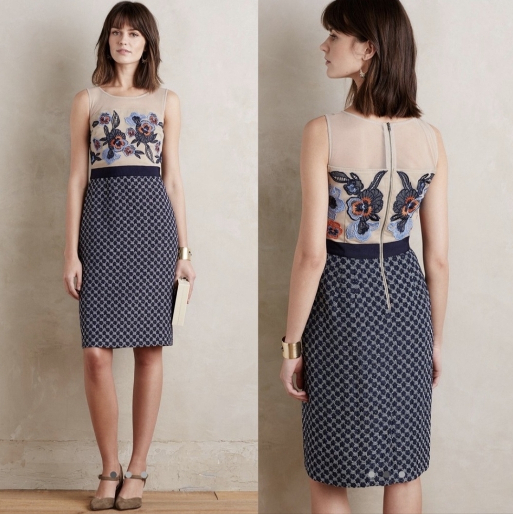 Anthro|Moulinette Soeurs Dress Loredana Blue Floral Embroidered Sheath Size 4